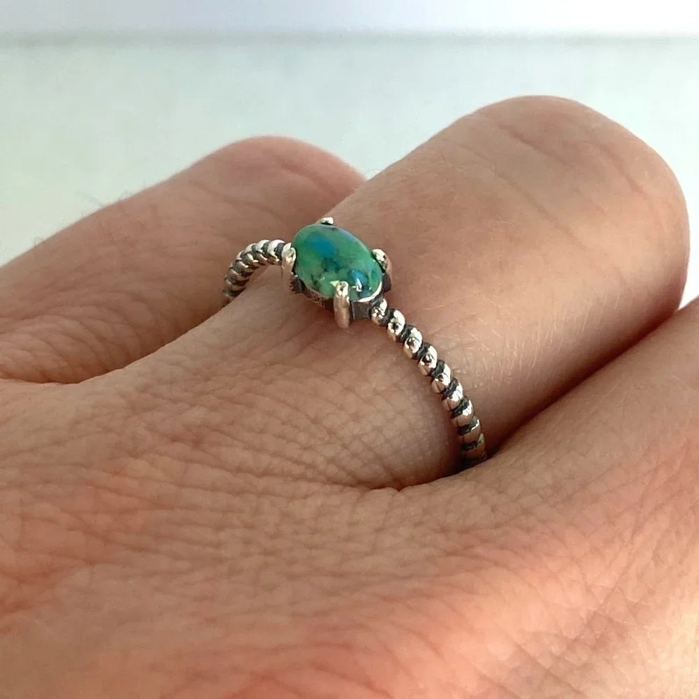 Sterling Silver 925 Minimalist Prong Set Turquoise Twisted Rope Band Ring Sz 6